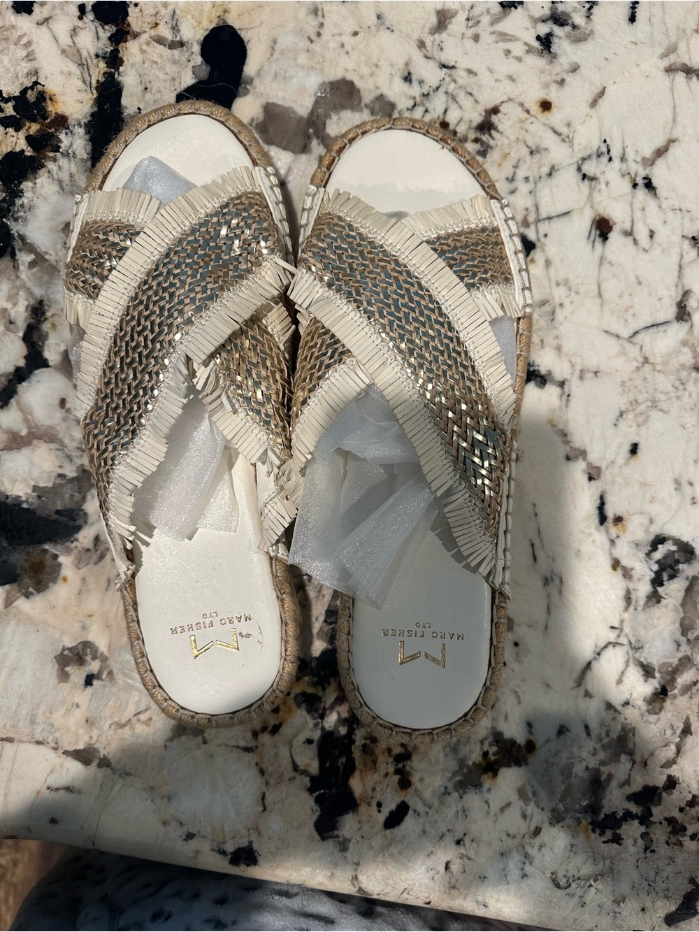 Marc Fisher Cream & Gold Braided Slip-On Mules